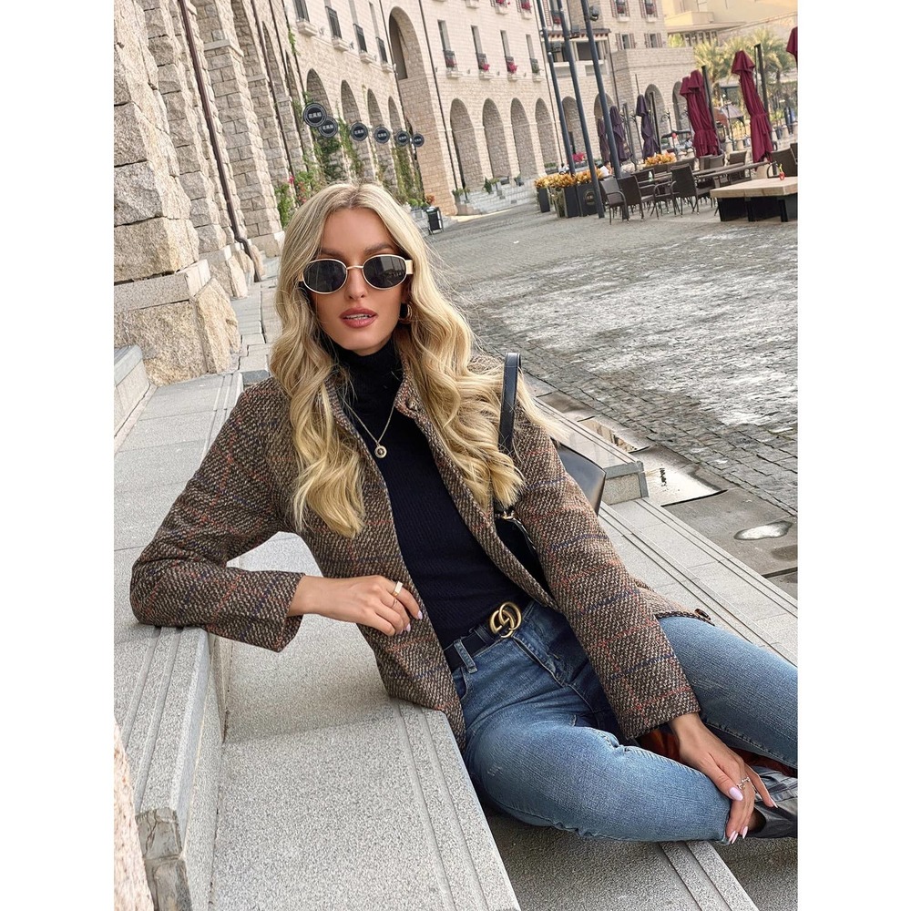 ❗️ Plaid Button Up Collared Belted Overcoat pea coat tan brown - Picture 4 of 6